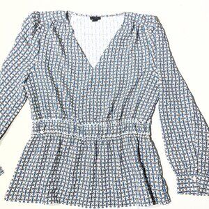 Ann Taylor Womens Long Sleeve Printed Peplum Top V-Neck Lightweight Size Large